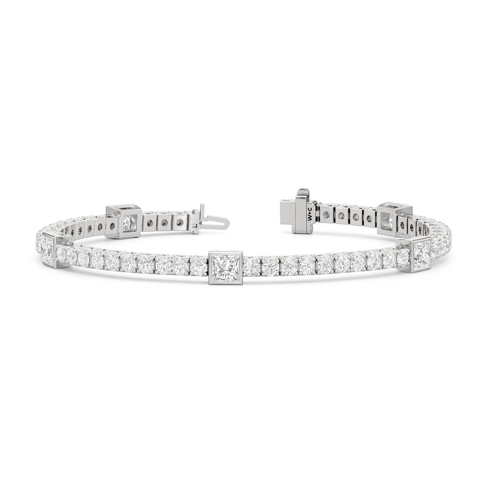 Bezeled Princess Station Tennis Bracelet with 7 Cut Diamond in 14KT White Gold view 2
