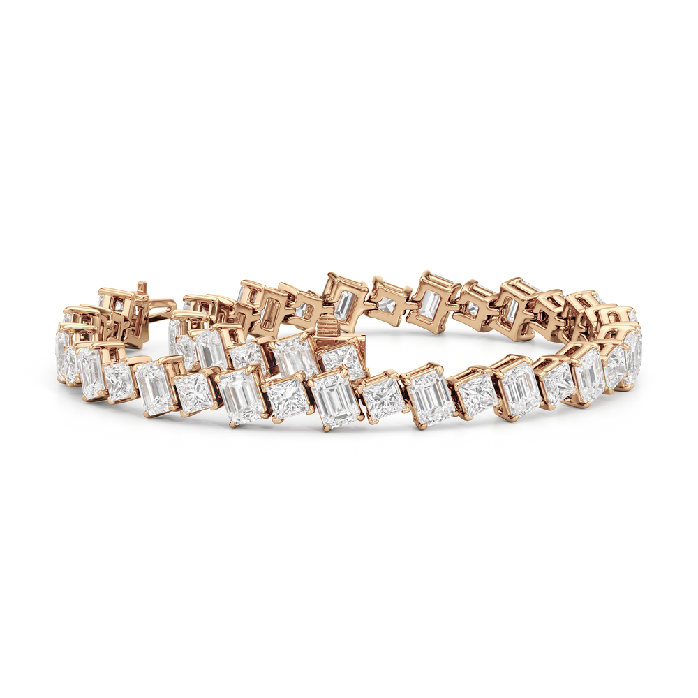 Emerald and Princess Herringbone Tennis Bracelet with Lab Cut Diamond in 14KT Rose Gold view 3
