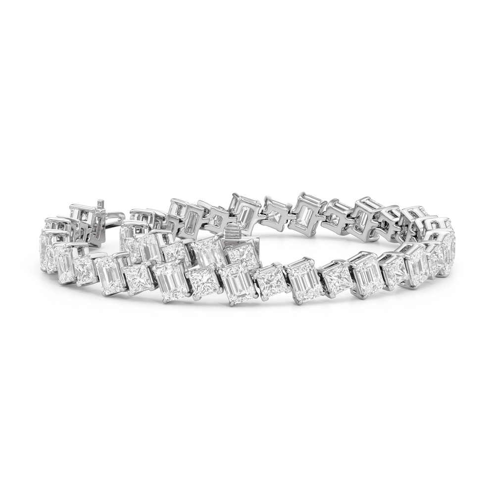 Emerald and Princess Herringbone Tennis Bracelet with Lab Cut Diamond in 14KT White Gold view 3

