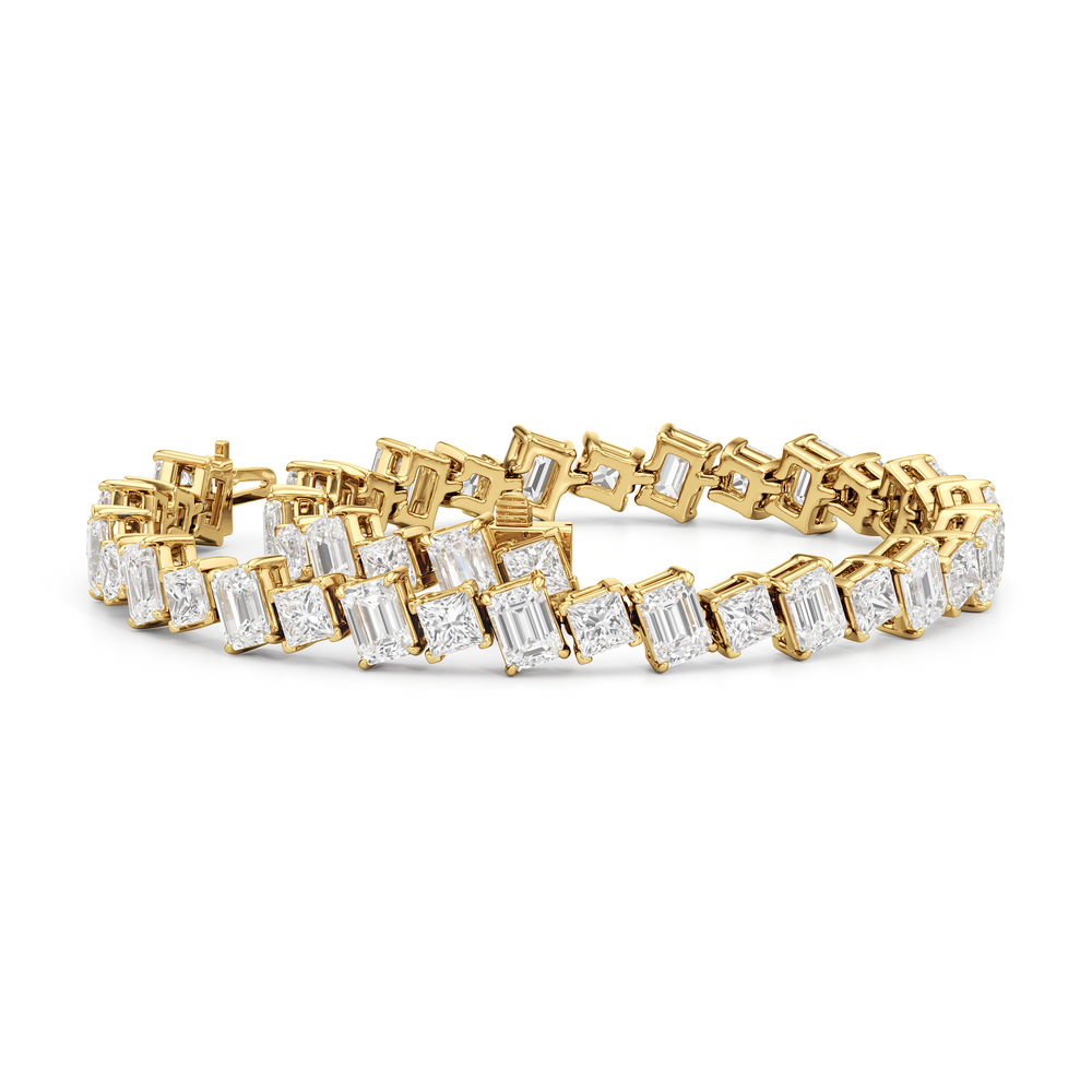 Emerald and Princess Herringbone Tennis Bracelet with Lab Cut Diamond in 14KT Yellow Gold view 3
