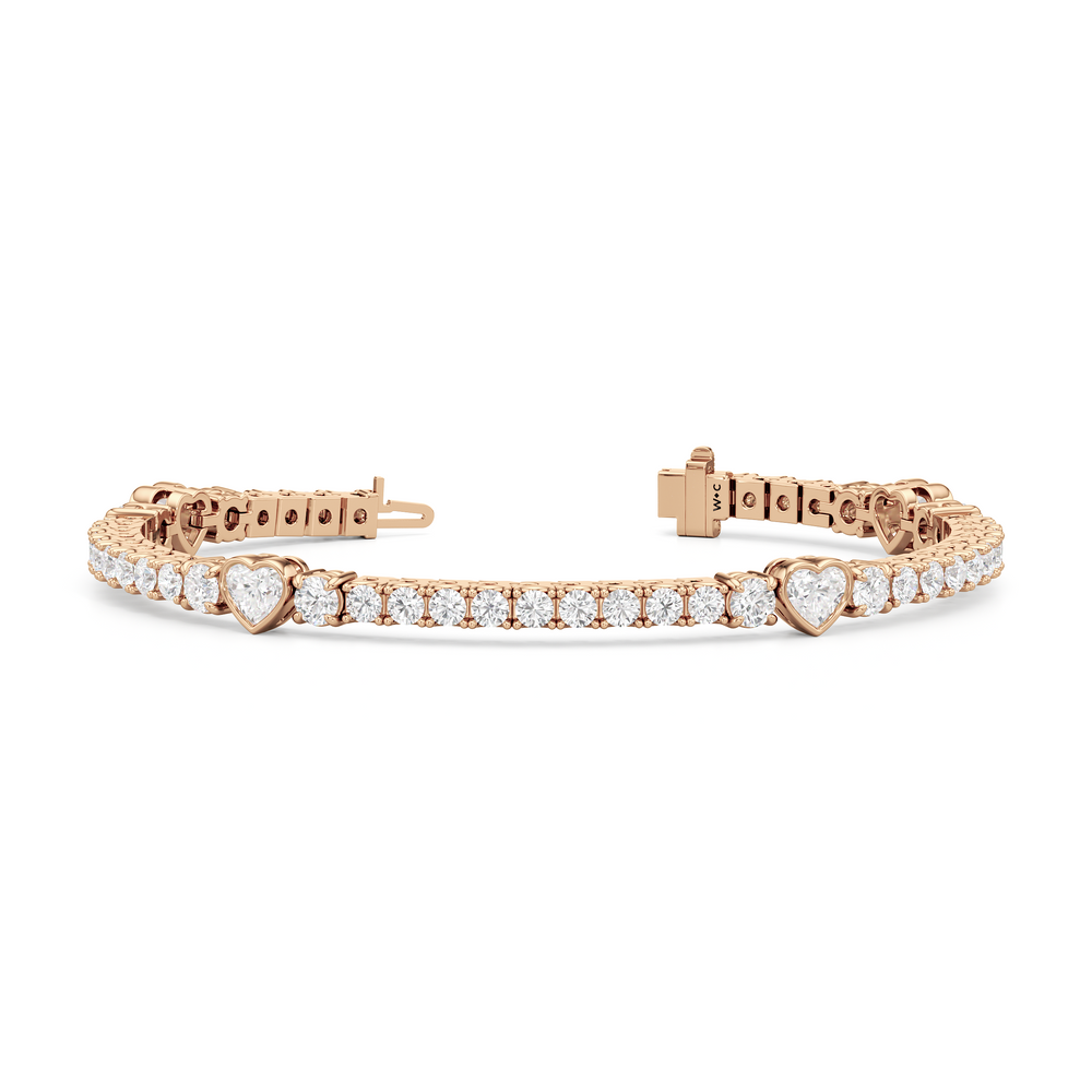 Bezeled Heart Station with Round Diamonds Tennis Bracelet with 9 Cut Diamond in 14KT Rose Gold view 2
