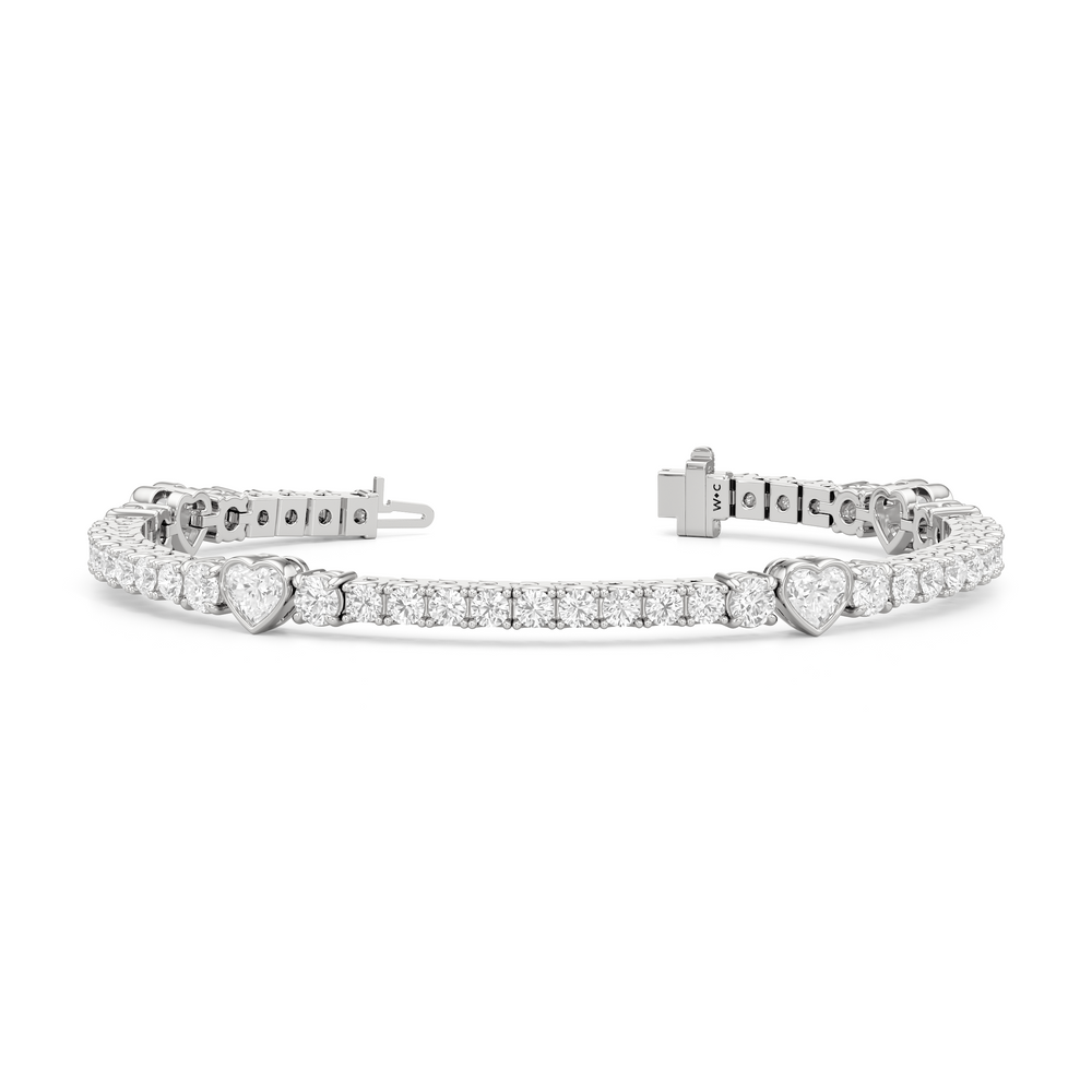 Bezeled Heart Station with Round Diamonds Tennis Bracelet with 9 Cut Diamond in 14KT White Gold view 2
