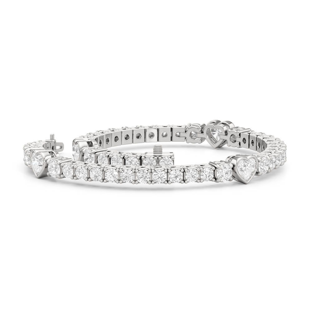 Bezeled Heart Station with Round Diamonds Tennis Bracelet with 9 Cut Diamond in 14KT White Gold view 3
