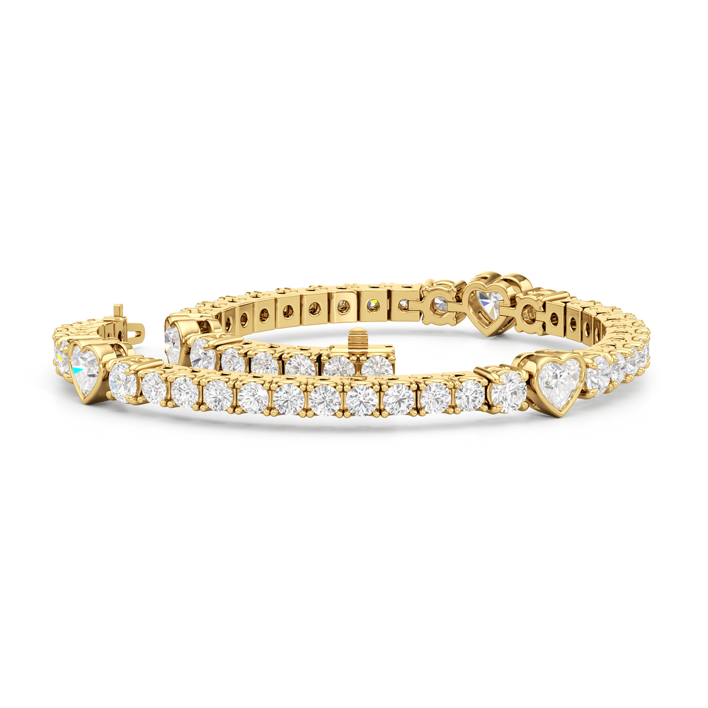 Bezeled Heart Station with Round Diamonds Tennis Bracelet with 9 Cut Diamond in 14KT Yellow Gold view 3
