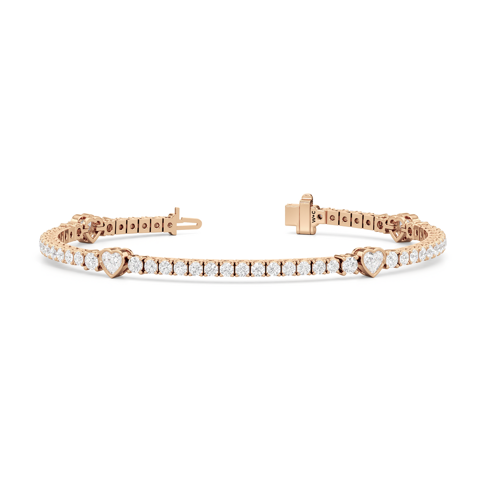 Bezeled Heart Station with Round Diamonds Tennis Bracelet with 4 Cut Diamond in 14KT Rose Gold view 2

