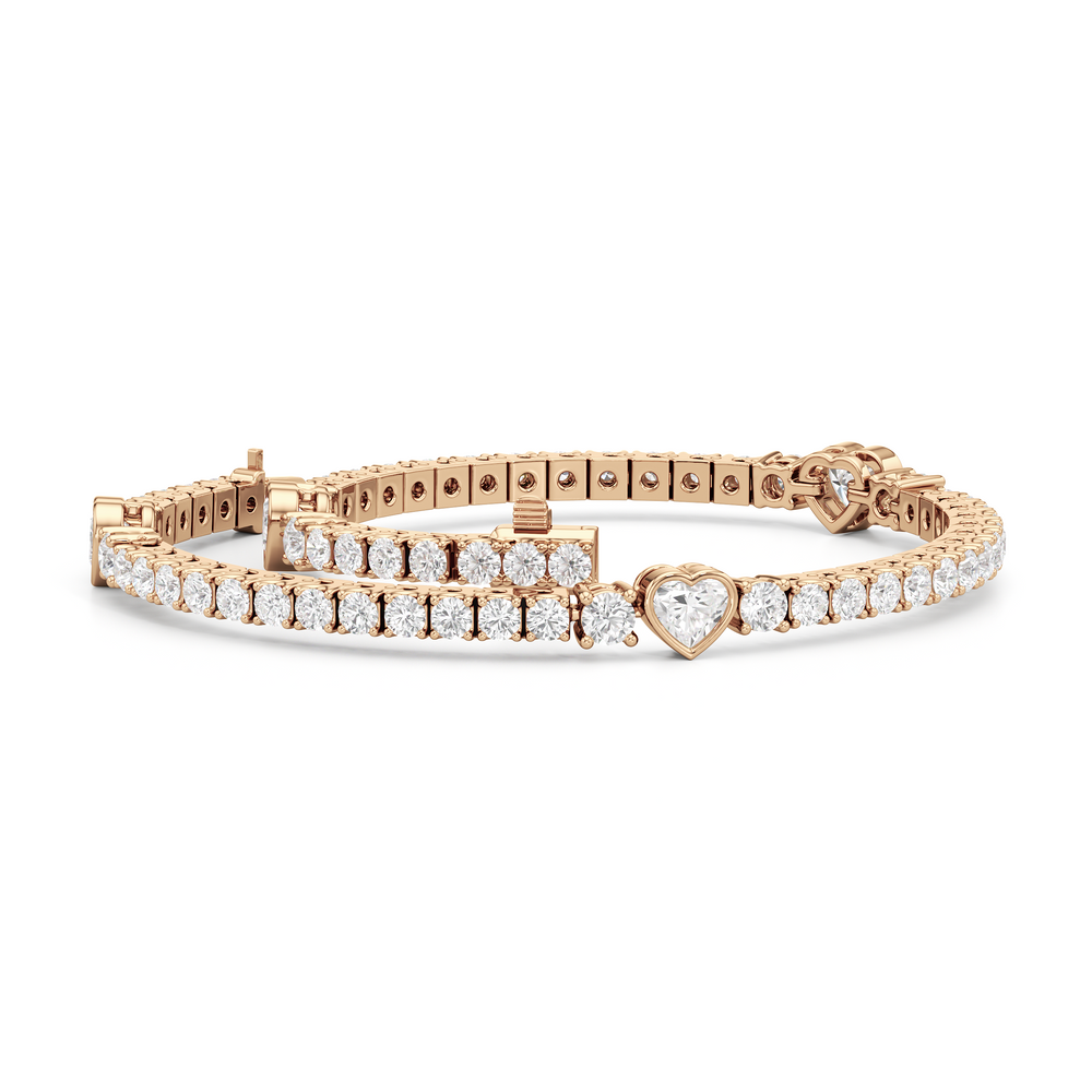 Bezeled Heart Station with Round Diamonds Tennis Bracelet with 4 Cut Diamond in 14KT Rose Gold view 3
