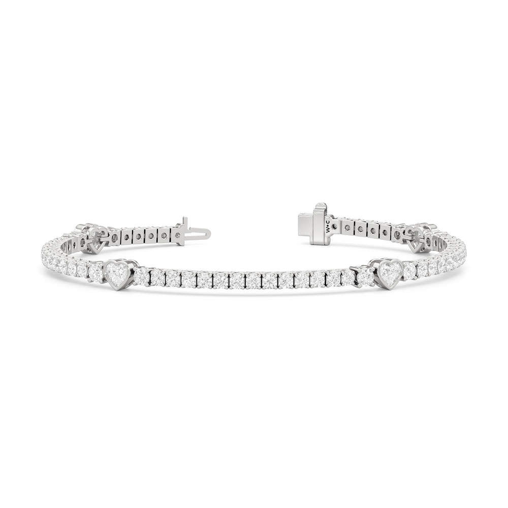 Bezeled Heart Station with Round Diamonds Tennis Bracelet with 4 Cut Diamond in 14KT White Gold view 2
