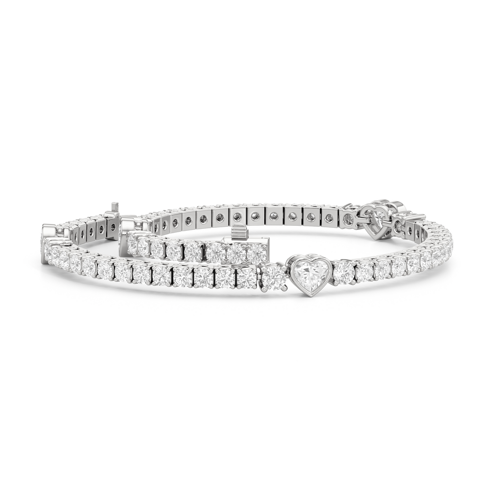 Bezeled Heart Station with Round Diamonds Tennis Bracelet with 4 Cut Diamond in 14KT White Gold view 3
