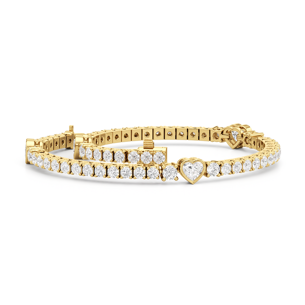 Bezeled Heart Station with Round Diamonds Tennis Bracelet with 4 Cut Diamond in 14KT Yellow Gold view 3
