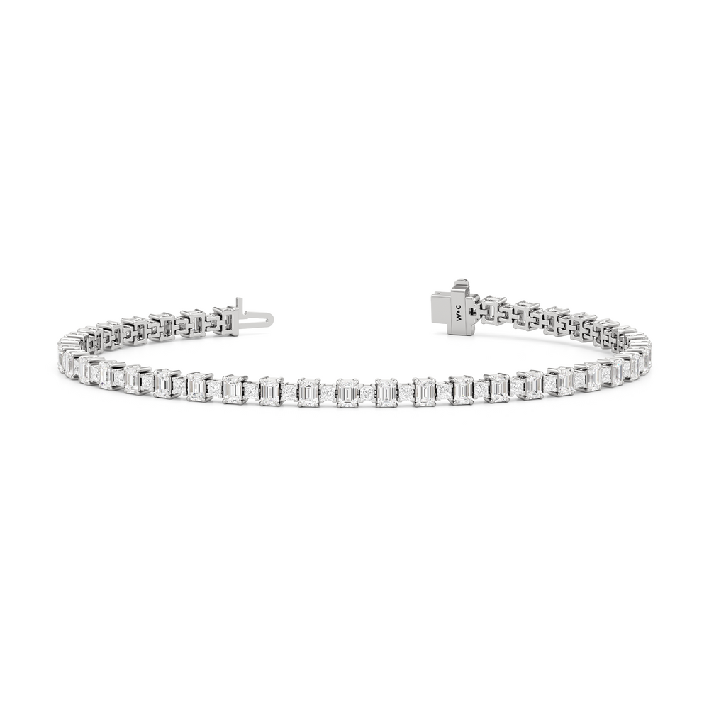 Alternating Emerald and Princess Tennis Bracelet with 5 Cut Diamond in 14KT White Gold view 2
