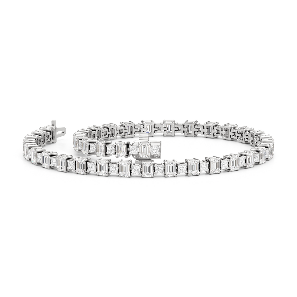 Alternating Emerald and Princess Tennis Bracelet with 5 Cut Diamond in 14KT White Gold view 3
