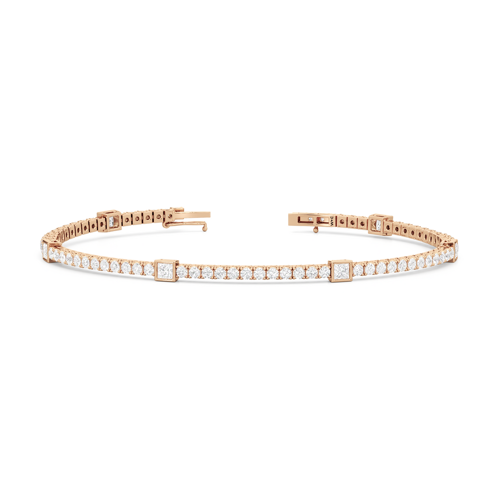 Bezeled Princess Station Tennis Bracelet with 3 Cut Diamond in 14KT Rose Gold view 2
