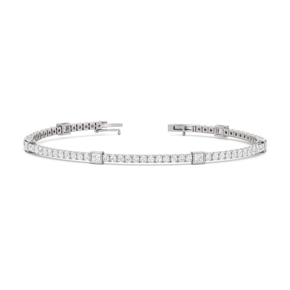 Bezeled Princess Station Tennis Bracelet with 3 Cut Diamond in 14KT White Gold view 2
