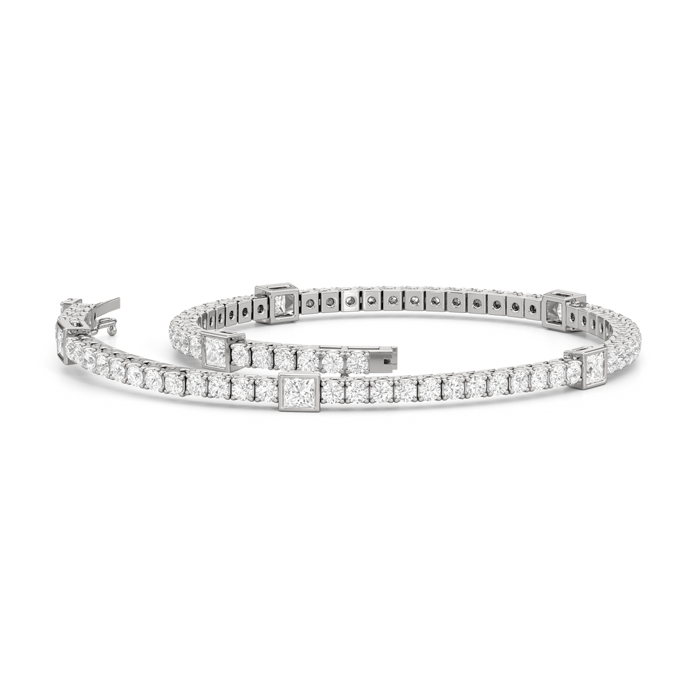 Bezeled Princess Station Tennis Bracelet with 3 Cut Diamond in 14KT White Gold view 3
