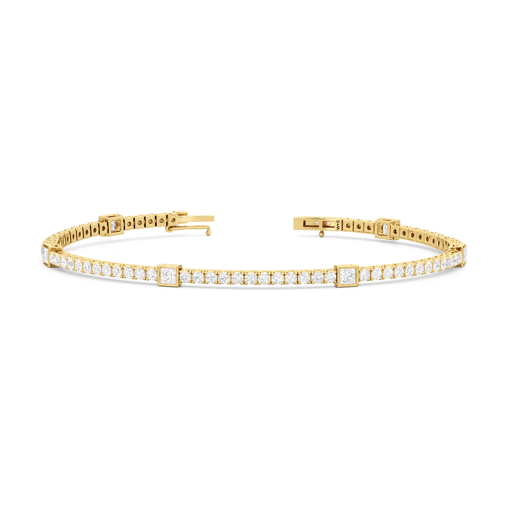 Bezeled Princess Station Tennis Bracelet with 3 Cut Diamond in 14KT Yellow Gold view 2
