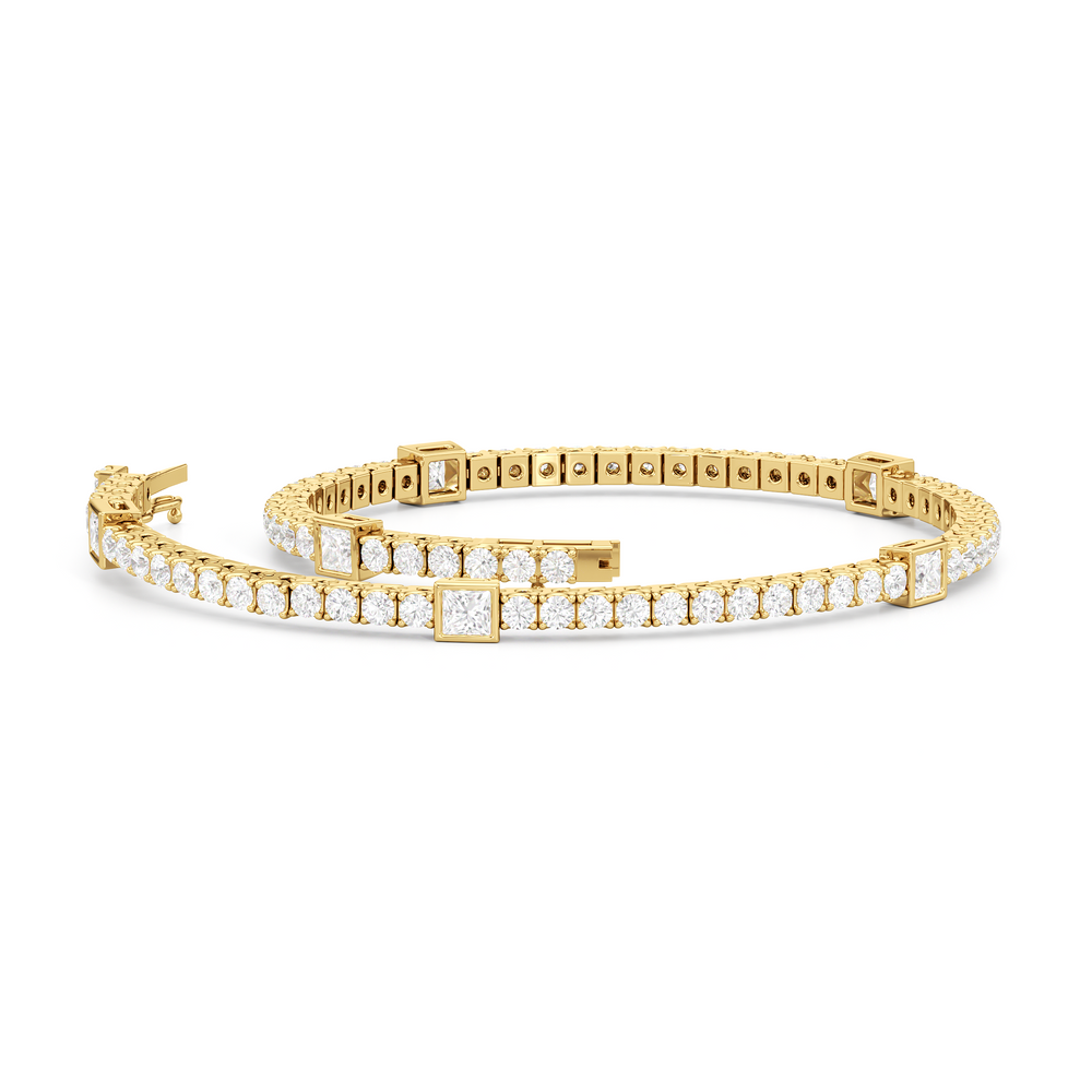 Bezeled Princess Station Tennis Bracelet with 3 Cut Diamond in 14KT Yellow Gold view 3
