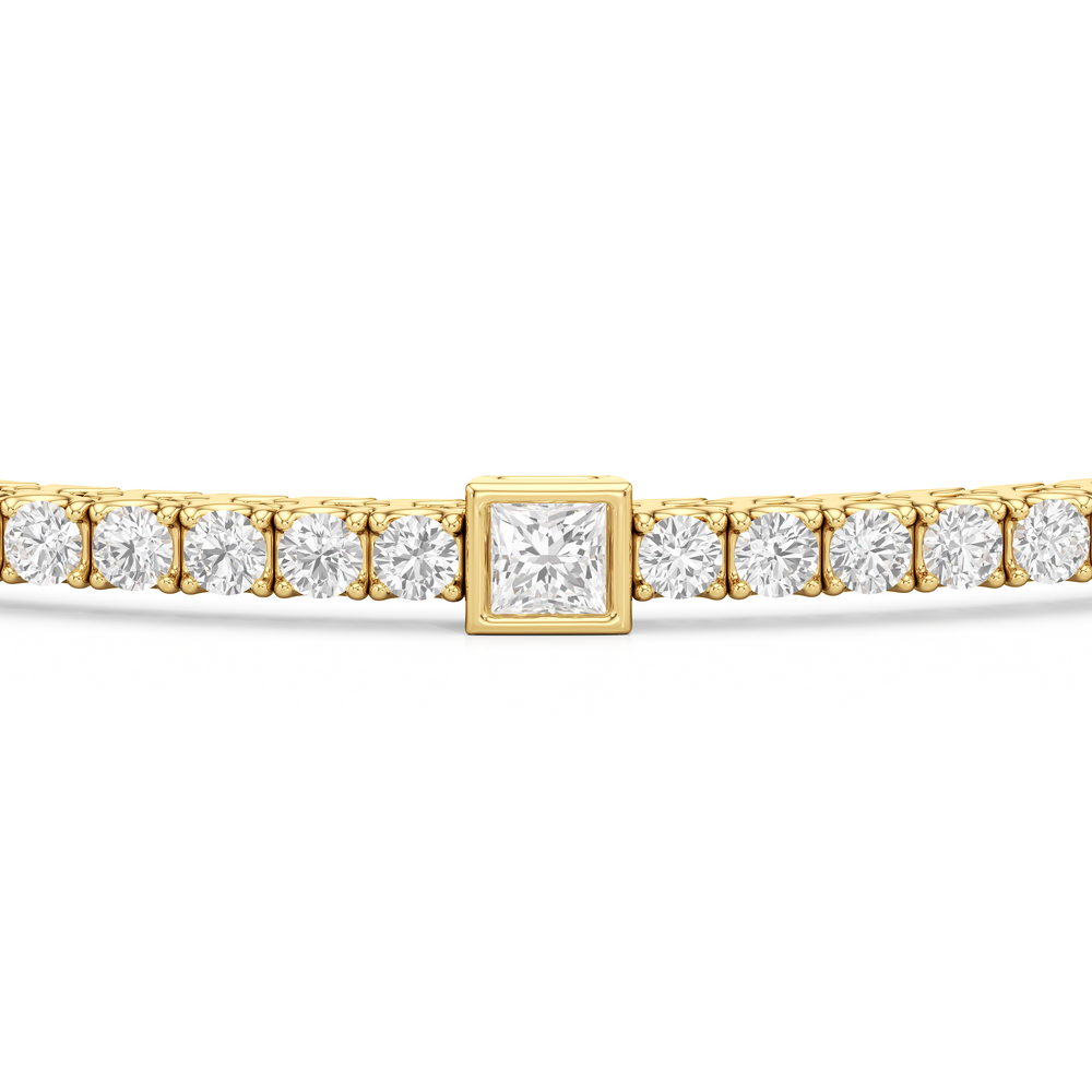 Bezeled Princess Station Tennis Bracelet with 3 Cut Diamond in 14KT Yellow Gold view 6
