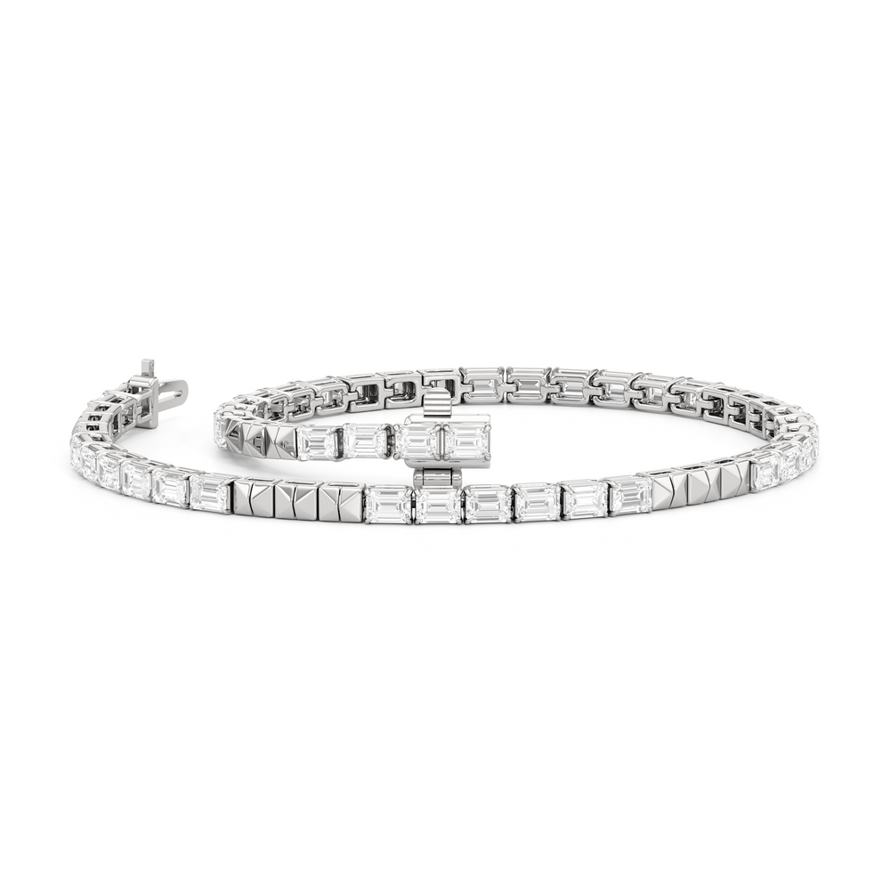 Gold Blocks and East-West Emerald Tennis Bracelet with 3 1/2 Cut Diamond in 14KT White Gold view 3
