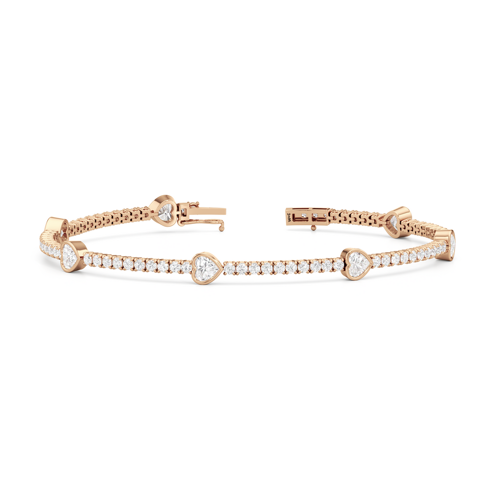 Bezeled Heart Station Tennis Bracelet with 3 1/2 Cut Diamond in 14KT Rose Gold view 2

