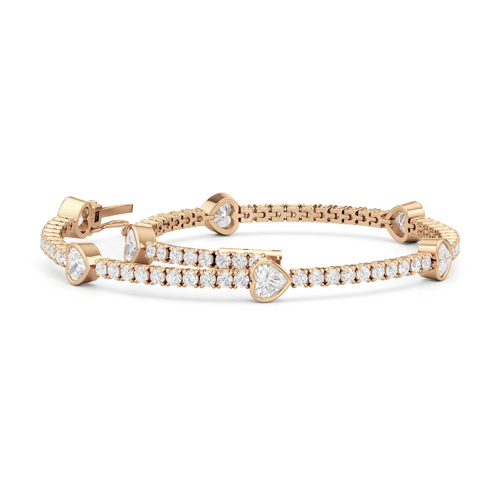 Bezeled Heart Station Tennis Bracelet with 3 1/2 Cut Diamond in 14KT Rose Gold view 3
