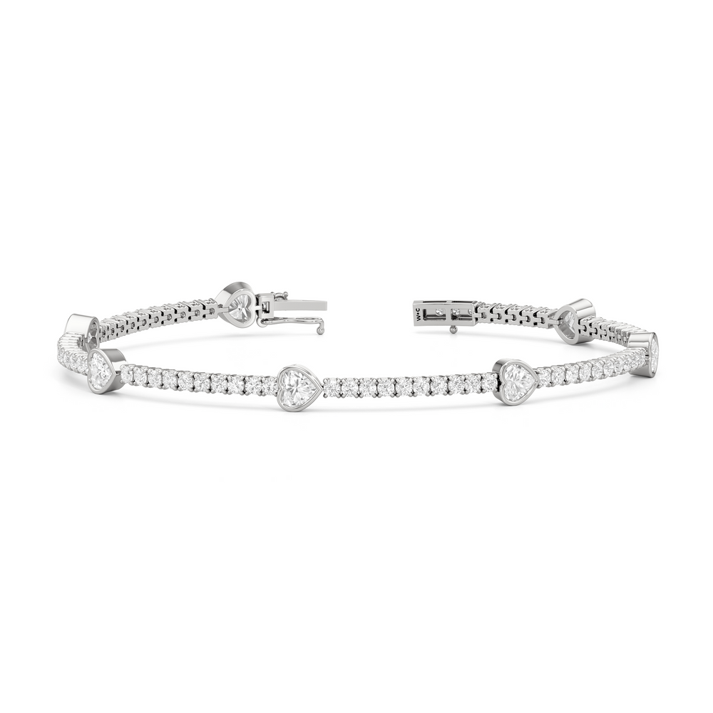 Bezeled Heart Station Tennis Bracelet with 3 1/2 Cut Diamond in 14KT White Gold view 2
