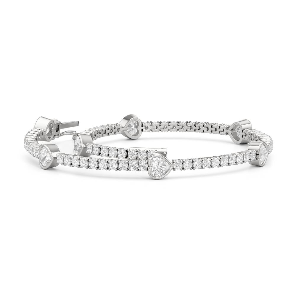 Bezeled Heart Station Tennis Bracelet with 3 1/2 Cut Diamond in 14KT White Gold view 3
