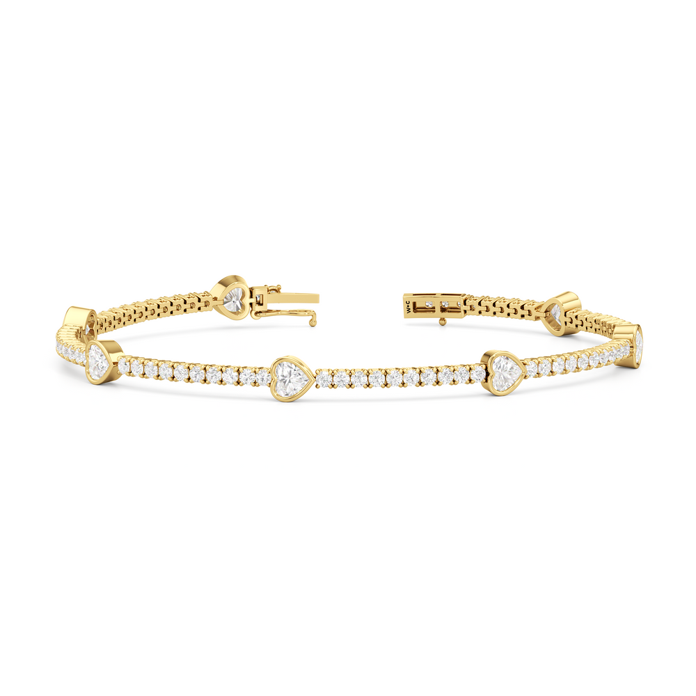 Bezeled Heart Station Tennis Bracelet with 3 1/2 Cut Diamond in 14KT Yellow Gold view 2
