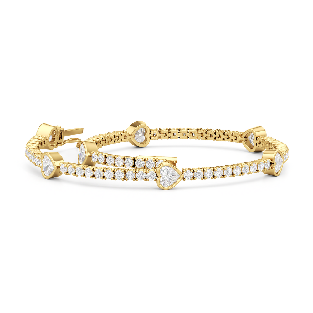 Bezeled Heart Station Tennis Bracelet with 3 1/2 Cut Diamond in 14KT Yellow Gold view 3
