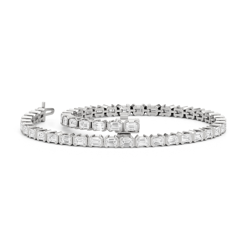 Half-Bezeled Emerald East-West Tennis Bracelet with 4 1/4 Cut Diamond in 14KT White Gold view 3
