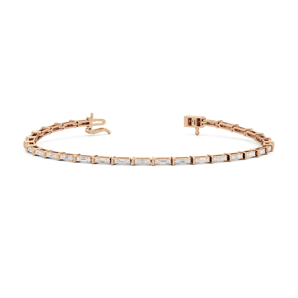 East West Baguette Tennis Bracelet with 1 Cut Diamond in 14KT Rose Gold view 2
