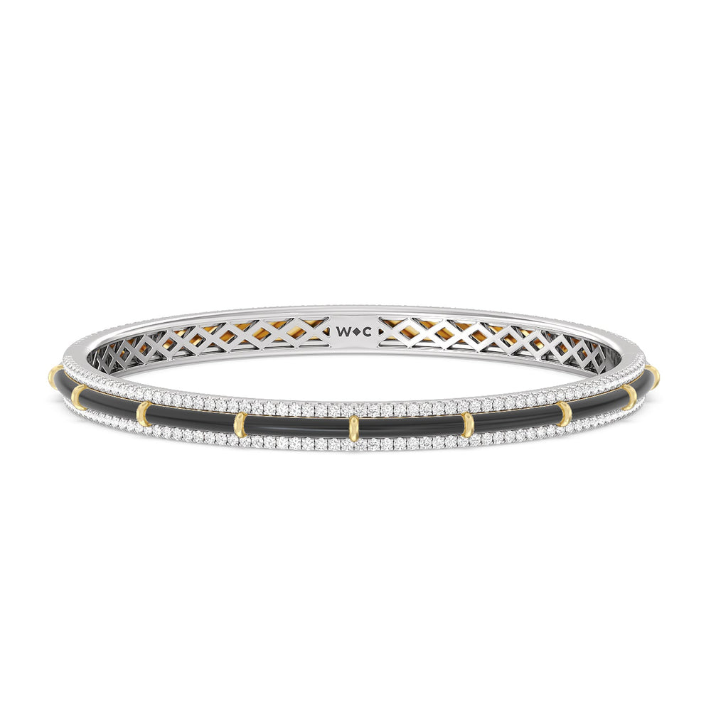 Half Pave Border Bangle in Ceramic with Midnight Cut Diamond in 14KT White & Yellow Gold view 1
