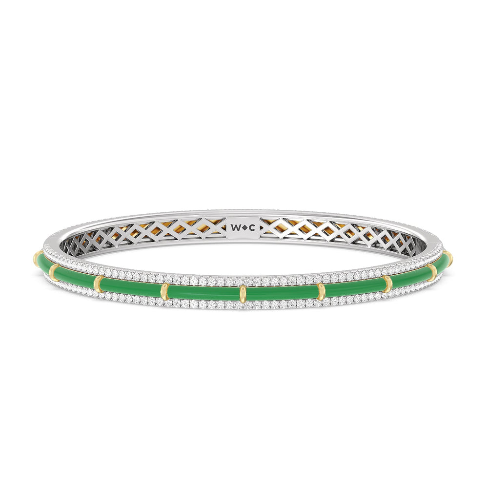 Half Pave Border Bangle in Ceramic with Evergreen Cut Diamond in 14KT White & Yellow Gold view 1
