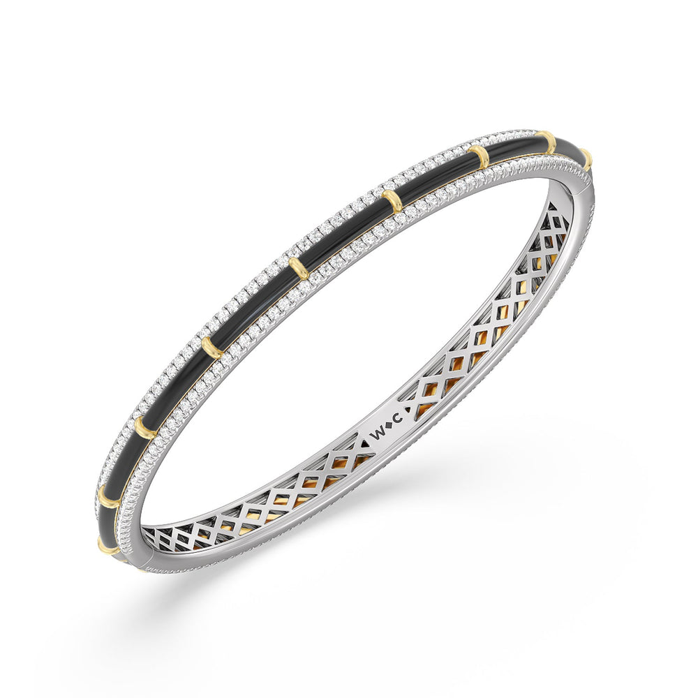 Half Pave Border Bangle in Ceramic with Midnight Cut Diamond in 14KT White & Yellow Gold view 2
