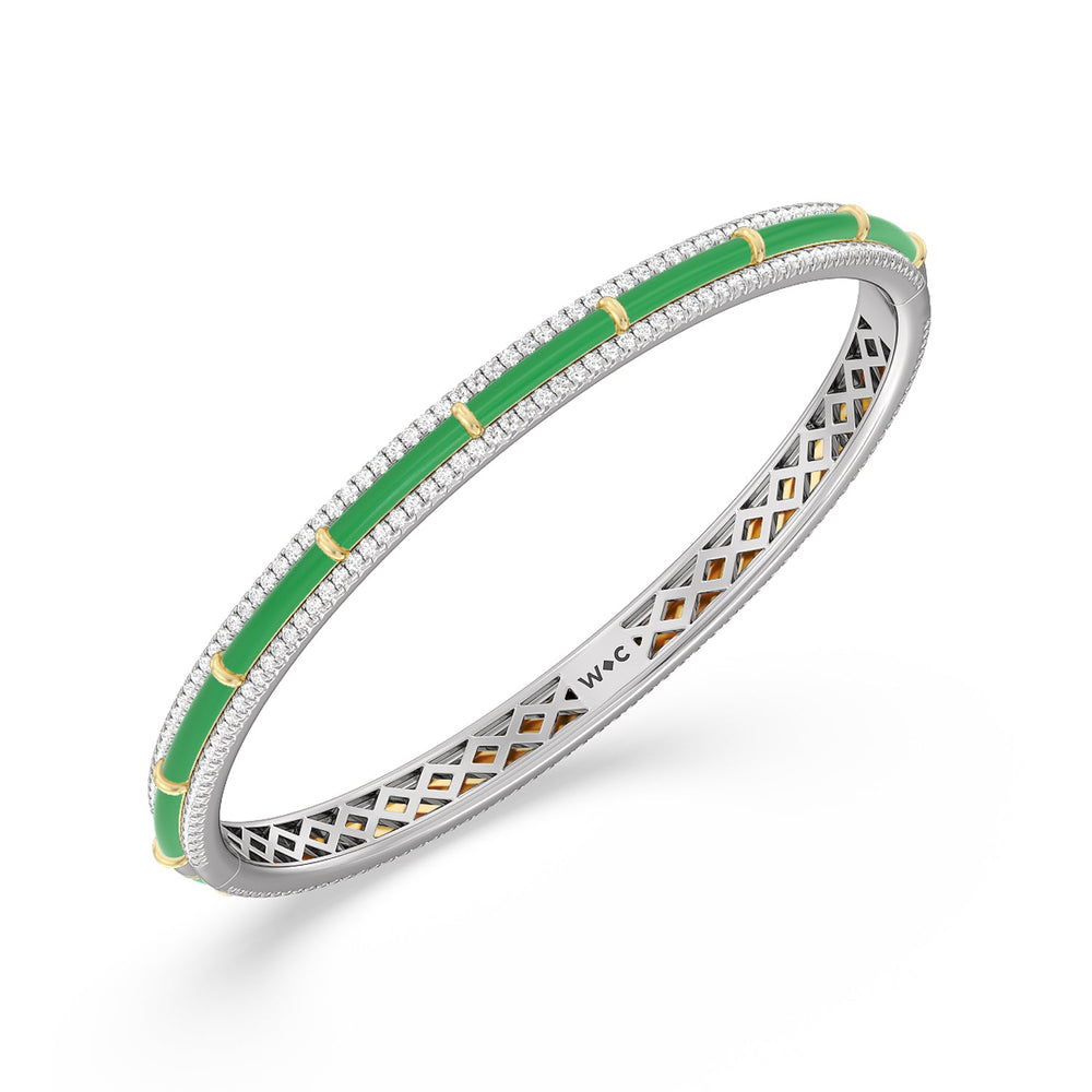 Half Pave Border Bangle in Ceramic with Evergreen Cut Diamond in 14KT White & Yellow Gold view 3
