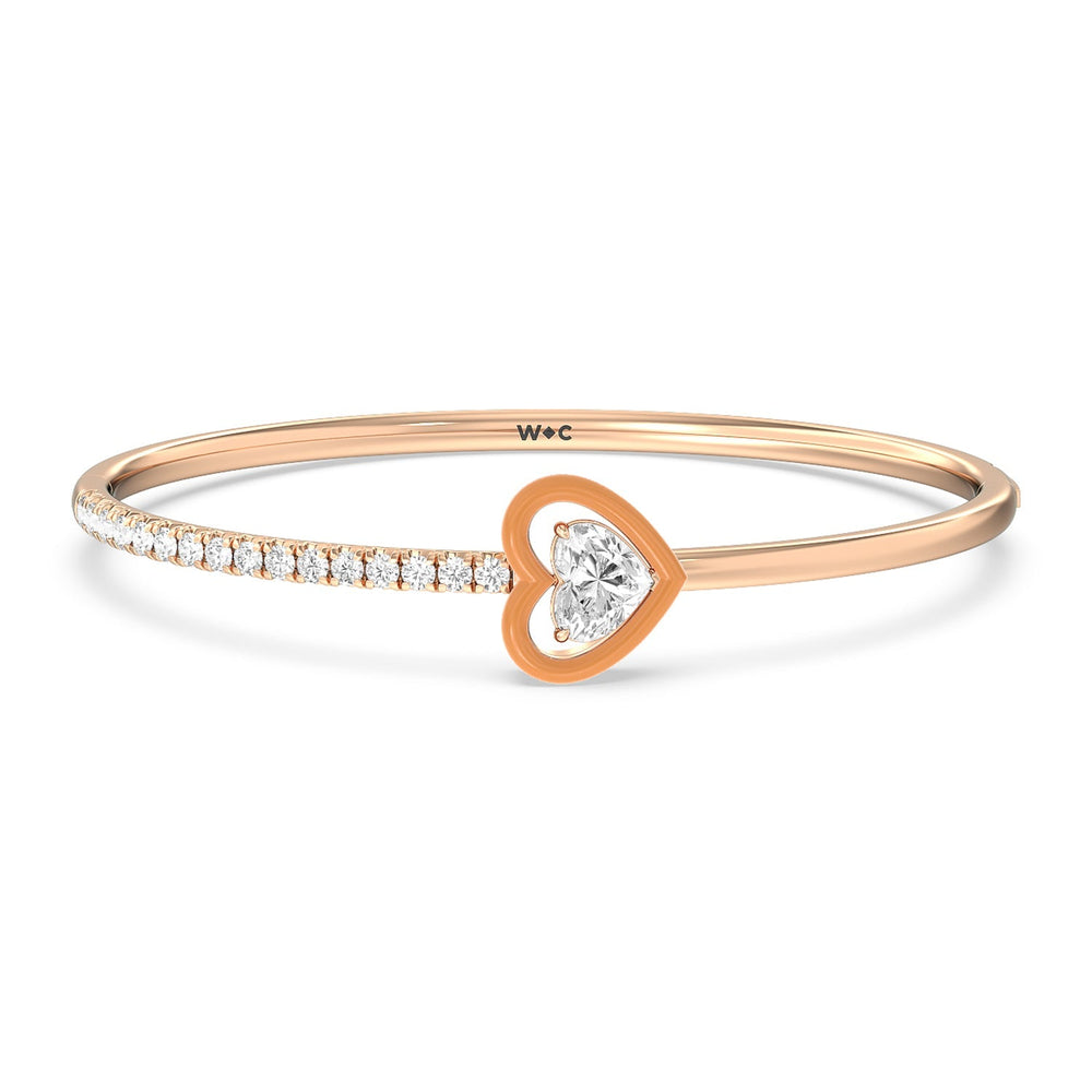 Half Pave Heart Bangle in Ceramic with Coral Cut Diamond in 14KT Rose Gold view 1
