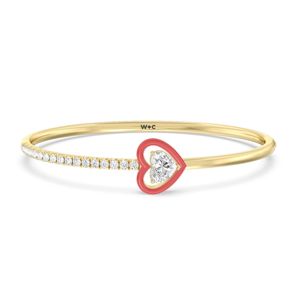 Half Pave Heart Bangle in Ceramic with Hibiscus Cut Diamond in 14KT Yellow Gold view 1
