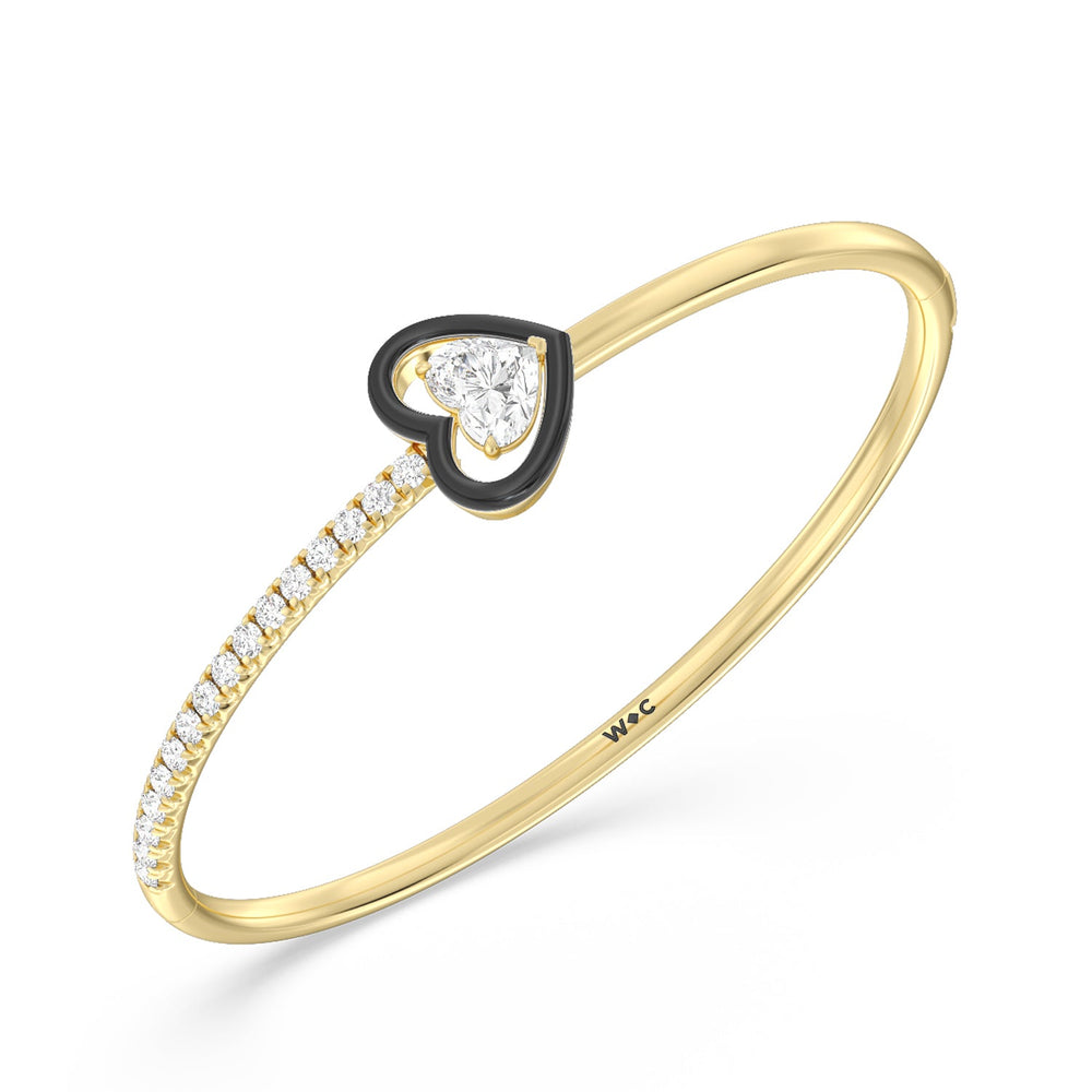 Half Pave Heart Bangle in Ceramic with Midnight Cut Diamond in 14KT Yellow Gold view 3
