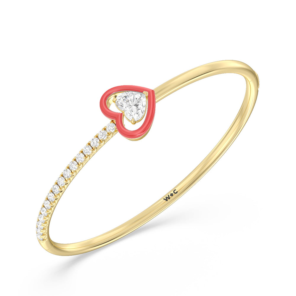 Half Pave Heart Bangle in Ceramic with Hibiscus Cut Diamond in 14KT Yellow Gold view 2
