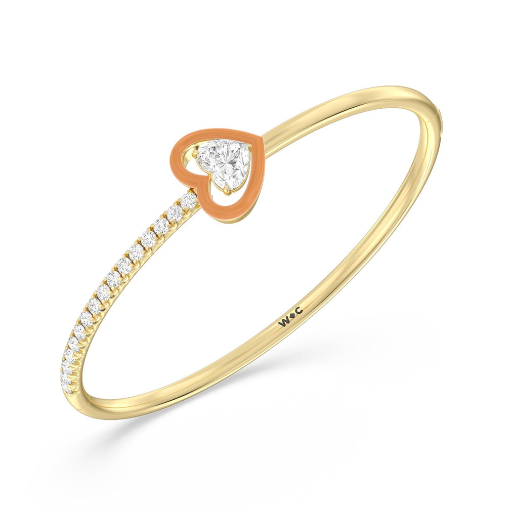 Half Pave Heart Bangle in Ceramic with Coral Cut Diamond in 14KT Yellow Gold view 2
