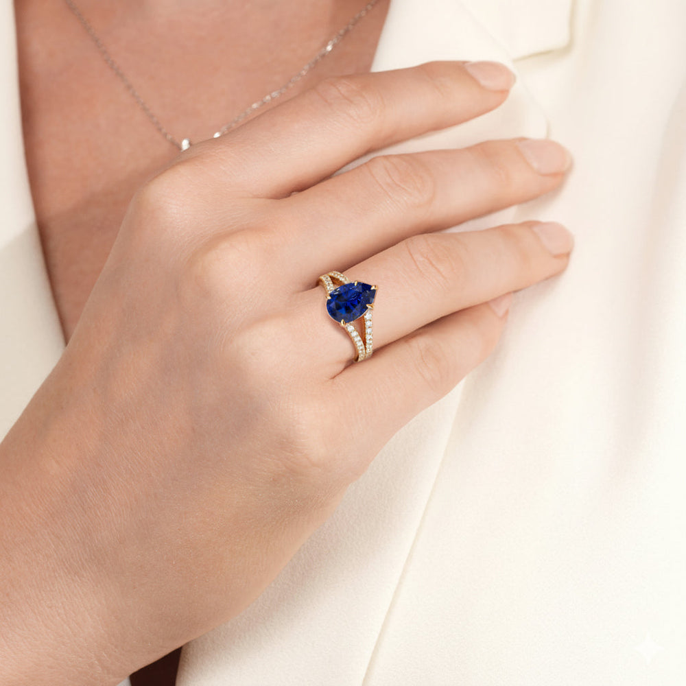 The Celestia Ring with Created Blue Sapphire Cut Diamond in 14KT Yellow Gold view 5
