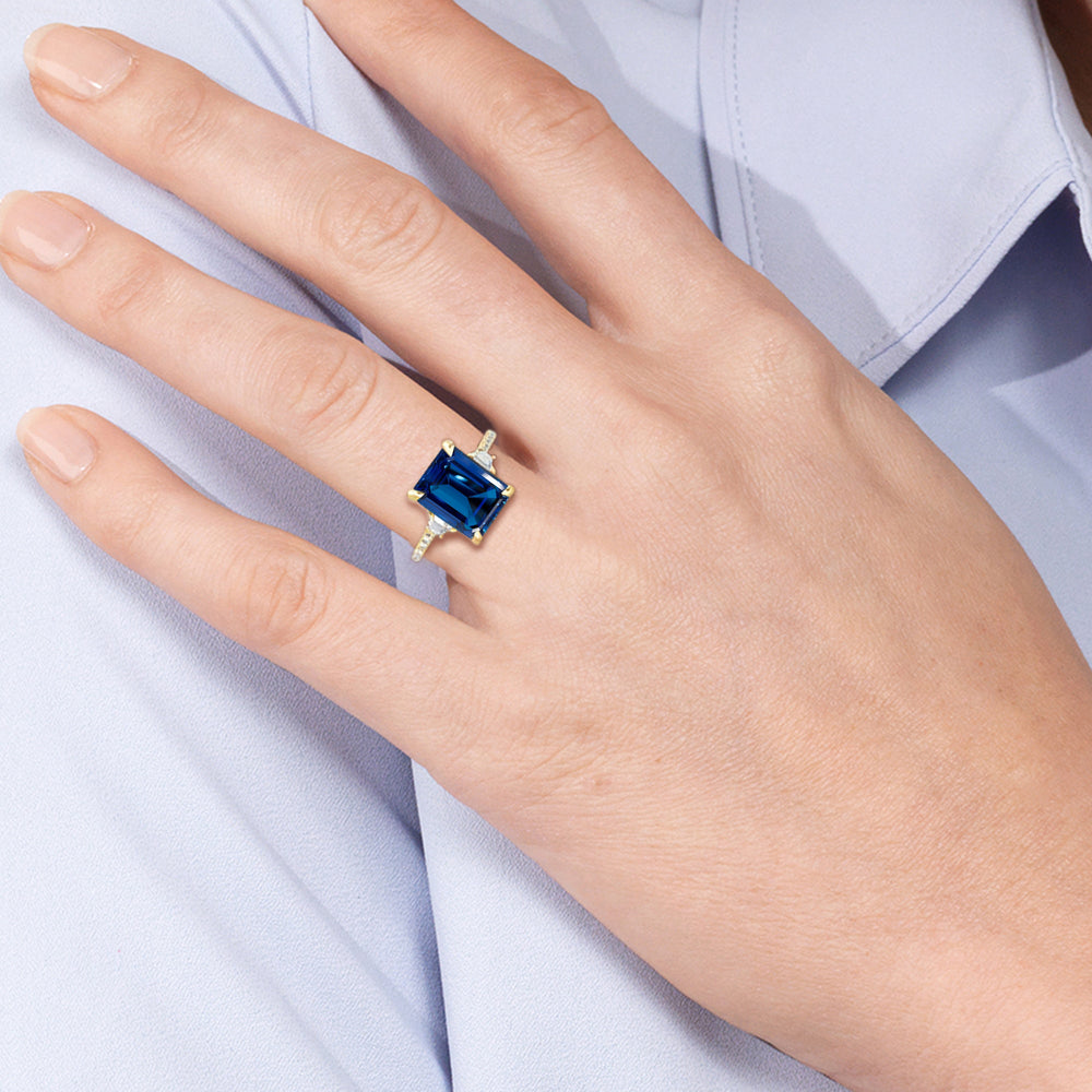 The Trilume Ring with Created Blue Sapphire Cut Diamond in 14KT Yellow Gold view 5
