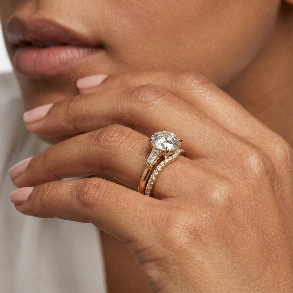 Elegance Baguette Three Stone Diamond Wedding Band with 18KT Rose Gold Cut Diamond in 14KT Rose Gold view 7
