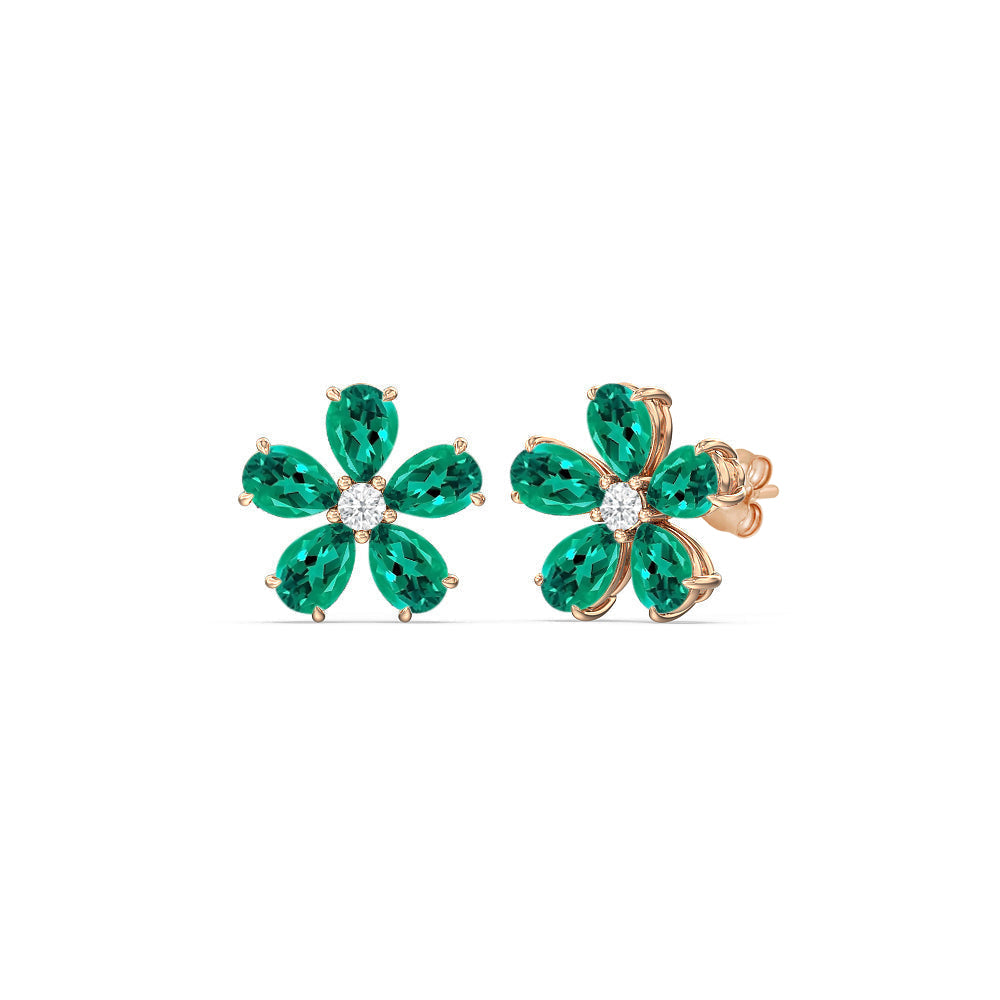 Emerald and Diamond Daisy Studs with 14KT Rose Gold Cut Diamond in 14KT Rose Gold view 1
