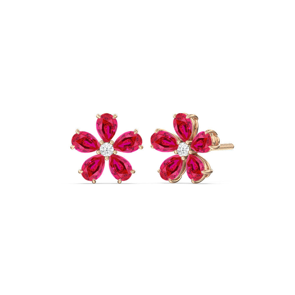 Ruby and Diamond Daisy Studs with 14KT Rose Gold Cut Diamond in 14KT Rose Gold view 1
