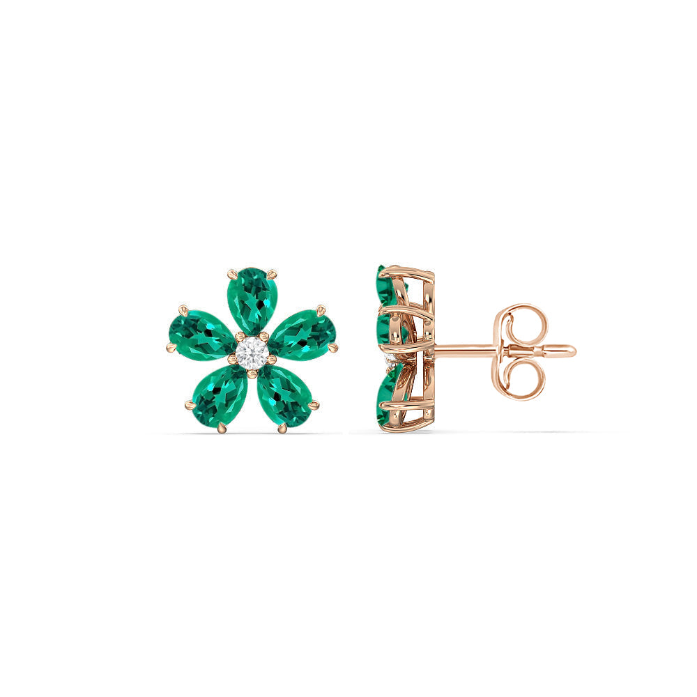 Emerald and Diamond Daisy Studs with 14KT Rose Gold Cut Diamond in 14KT Rose Gold view 2
