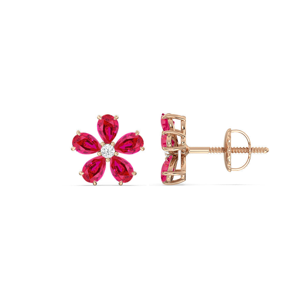 Ruby and Diamond Daisy Studs with 14KT Rose Gold Cut Diamond in 14KT Rose Gold view 2
