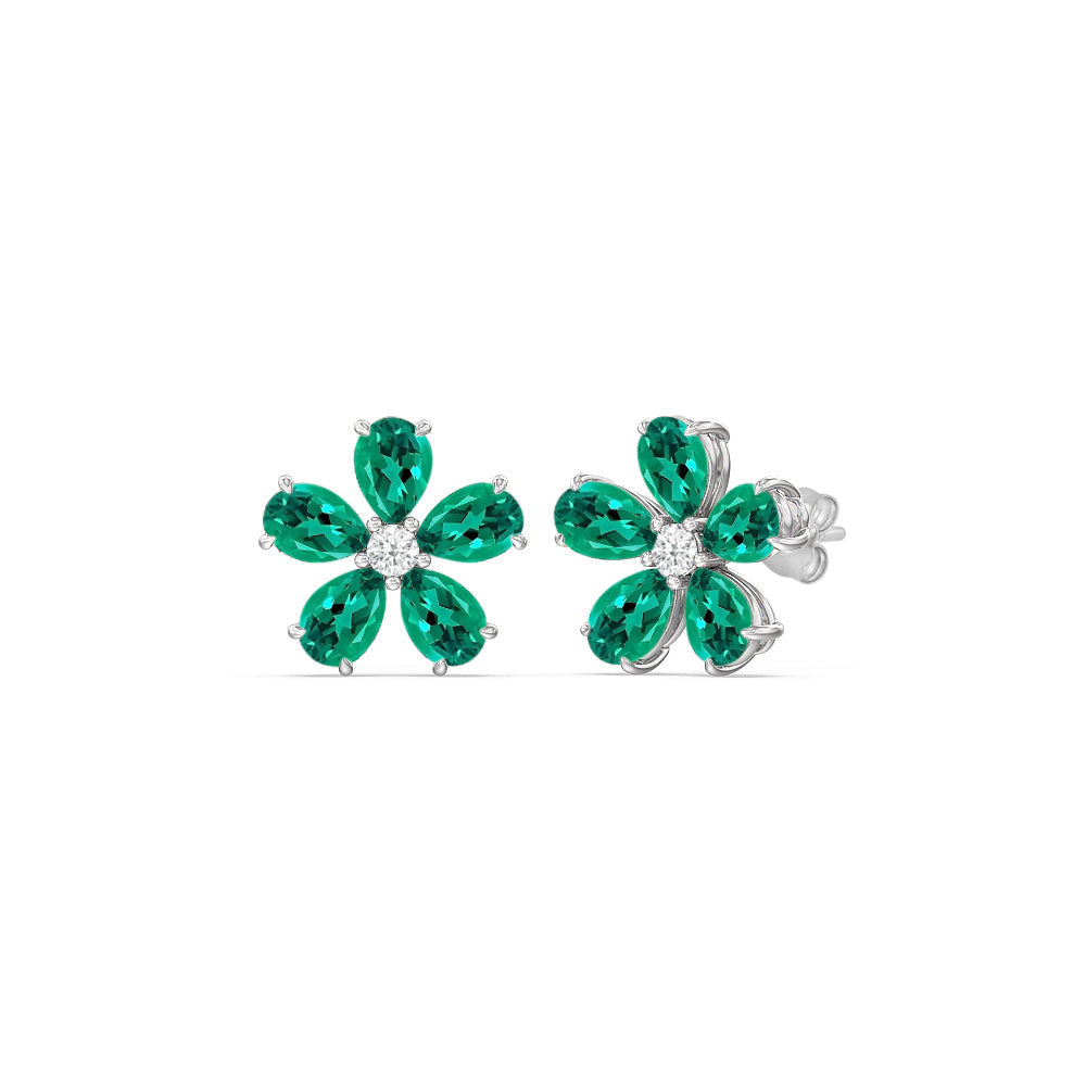 Emerald and Diamond Daisy Studs with 14KT White Gold Cut Diamond in 14KT White Gold view 1
