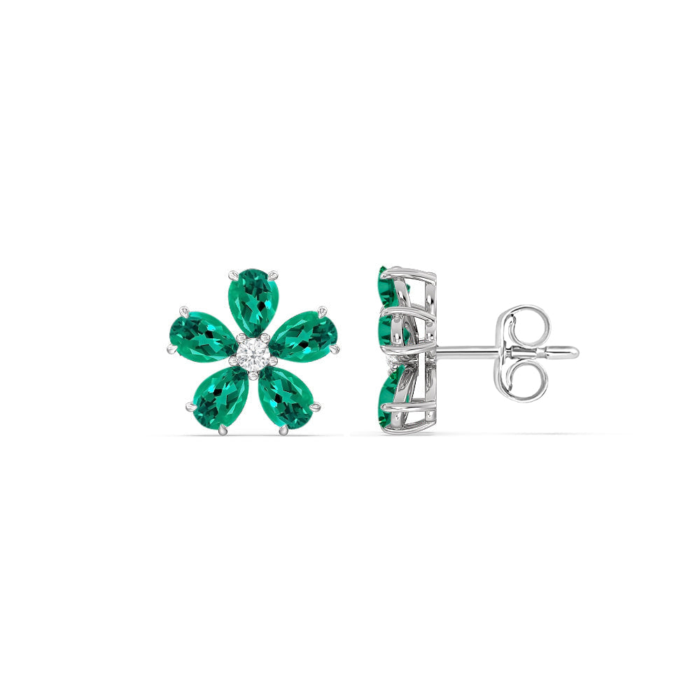 Emerald and Diamond Daisy Studs with 14KT White Gold Cut Diamond in 14KT White Gold view 2

