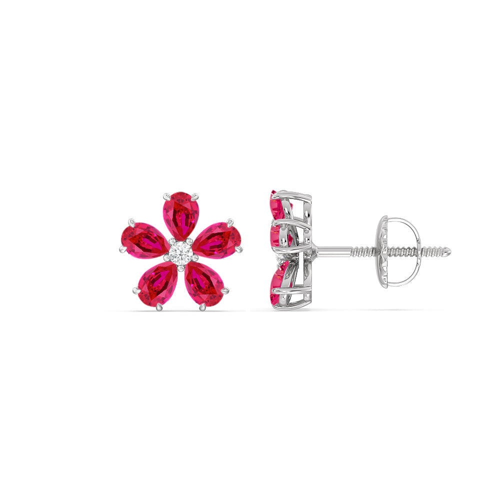 Ruby and Diamond Daisy Studs with 14KT White Gold Cut Diamond in 14KT White Gold view 2

