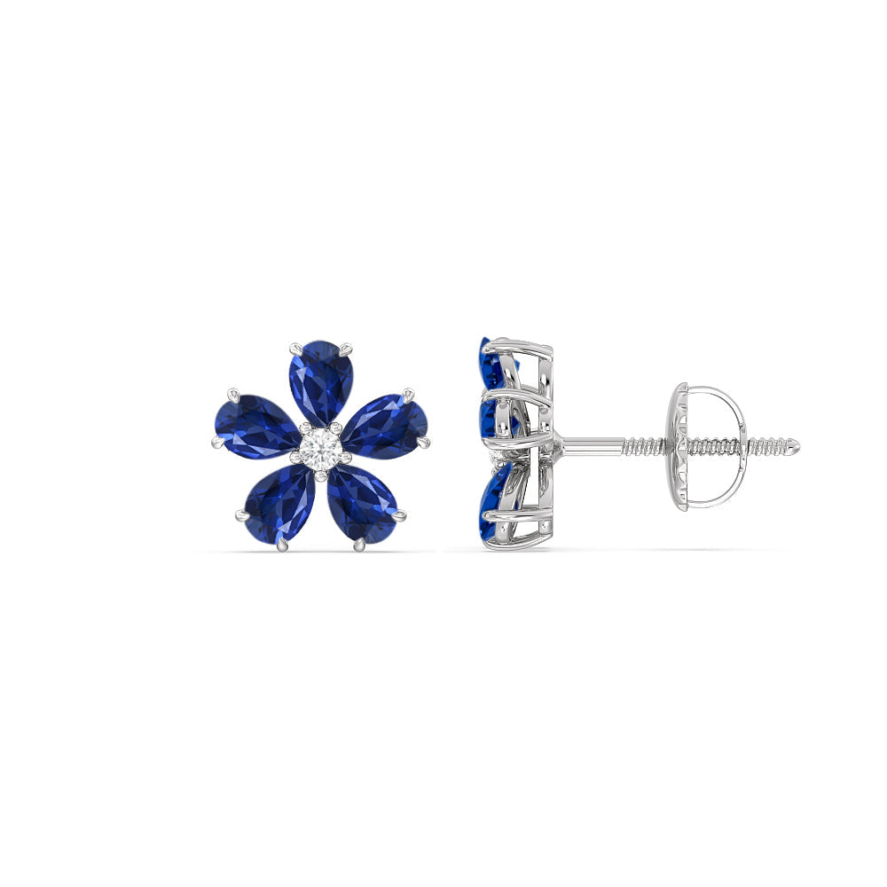 Sapphire and Diamond Daisy Studs with 14KT White Gold Cut Diamond in 14KT White Gold view 2
